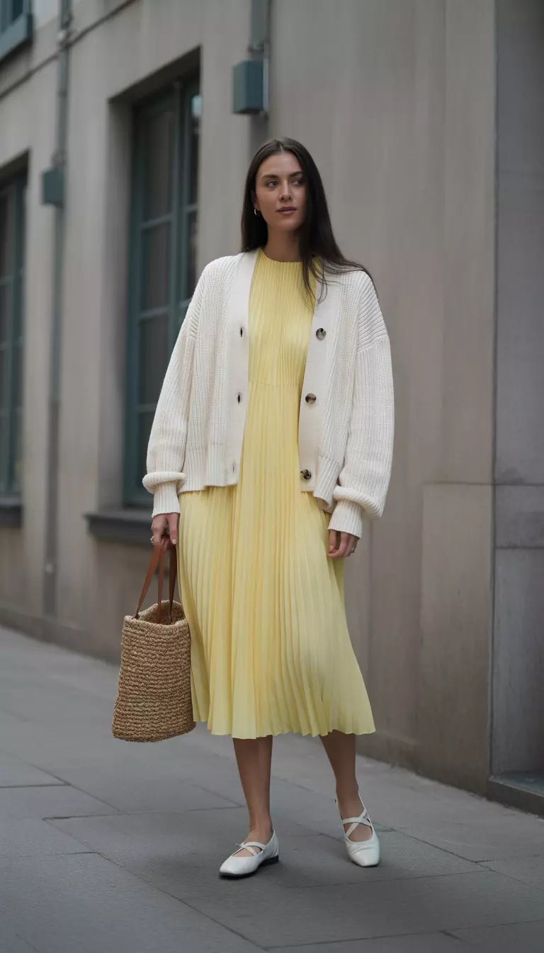 A beautiful woman in a butter yellow pleated midi dress, a shrunken white wool cardigan, white ballet flats, and she carries a woven tote bag.