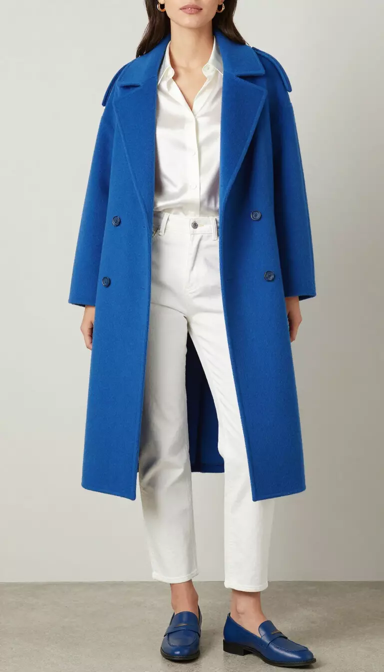 A beautiful woman in an electric blue tailored wool coat, white denim jeans, a white silk blouse, and blue leather loafers.