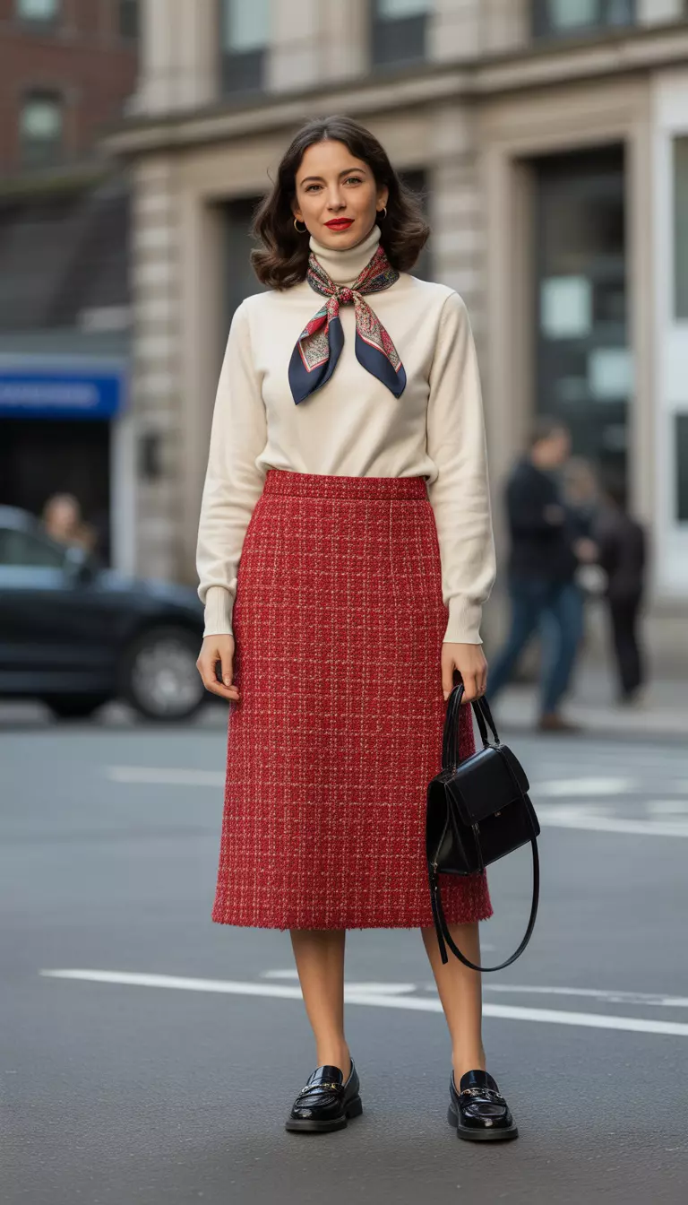 A beautiful woman in a cream wool turtleneck, a red tweed midi skirt, black leather loafers, and a colorful patterned silk scarf.