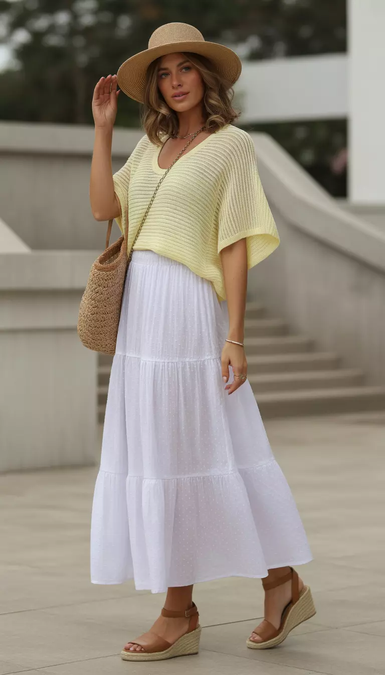 A beautiful woman in a white tiered maxi skirt, a butter yellow knit top, tan espadrille wedges, and a wide brim straw hat.