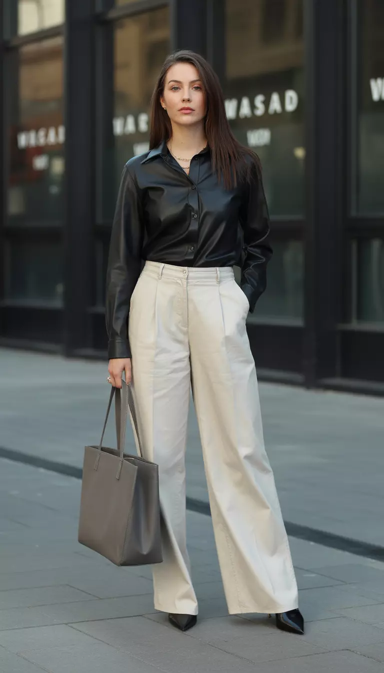 A beautiful woman in a black leather long sleeve blouse, cream wide leg trousers, black pointed mules, and she carries a grey leather tote.