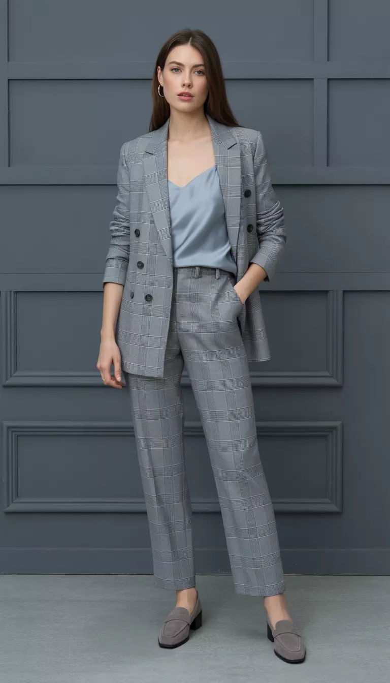 A beautiful woman in a grey Prince of Wales check double breasted blazer, matching straight leg pants, a light blue silk camisole, and grey suede loafers.