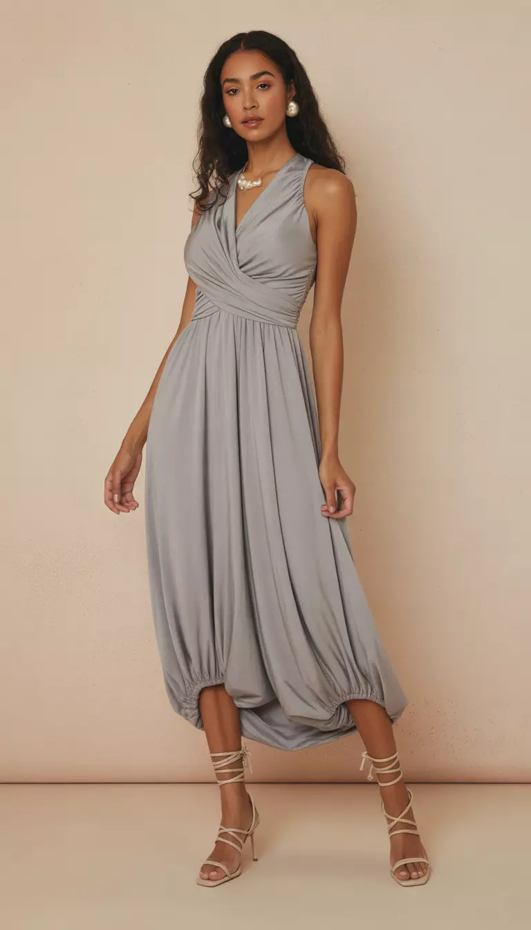 A beautiful woman in a soft grey draped maxi dress with a bubble hem, nude strappy heels, and pearl stud earrings.