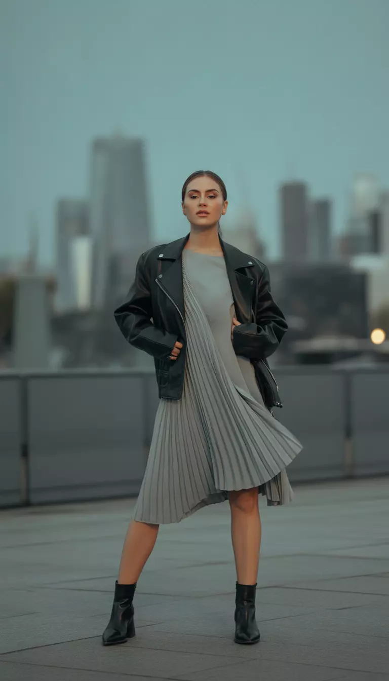 A beautiful woman in a light grey asymmetrical pleated dress, a black leather jacket, and black leather ankle boots.