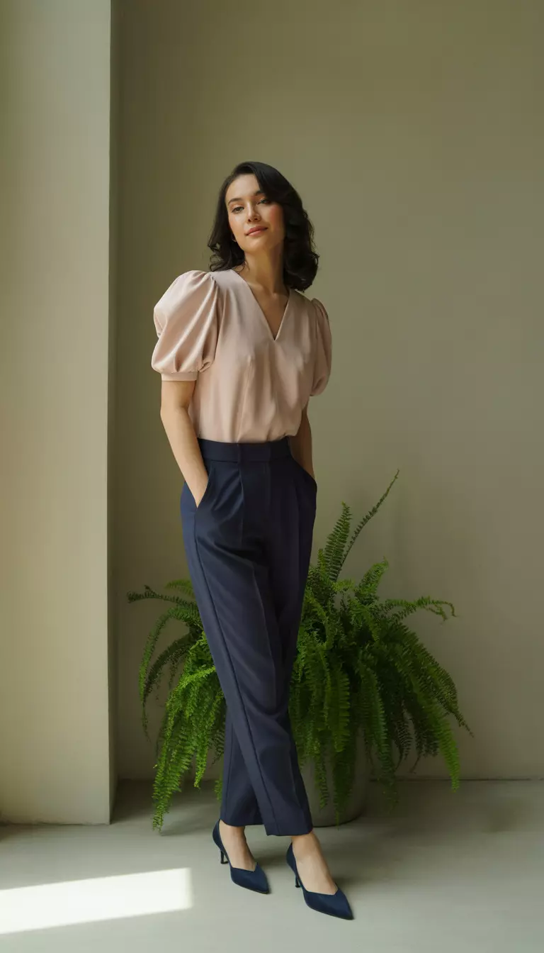 A beautiful woman in a blush pink puff sleeve blouse, high waisted navy trousers, and navy kitten heels.