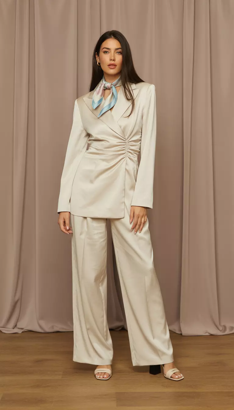 A beautiful woman in a cream cinched waist tailored blazer, matching cream wide leg trousers, a pastel blue silk scarf around her neck, and low block heels.