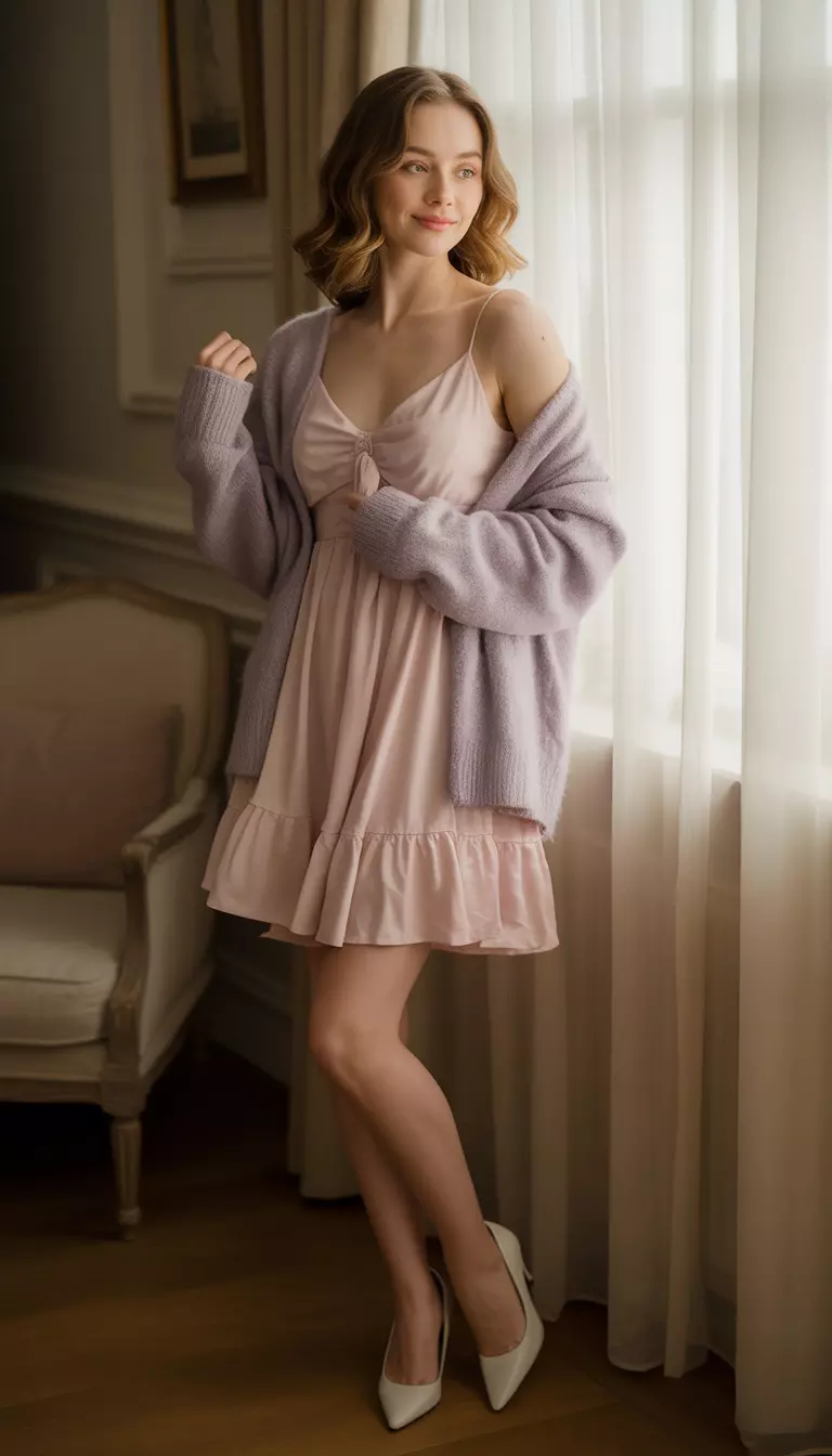A beautiful woman in a pastel pink ruffled mini dress, a soft grey cardigan, and white pointed toe heels.