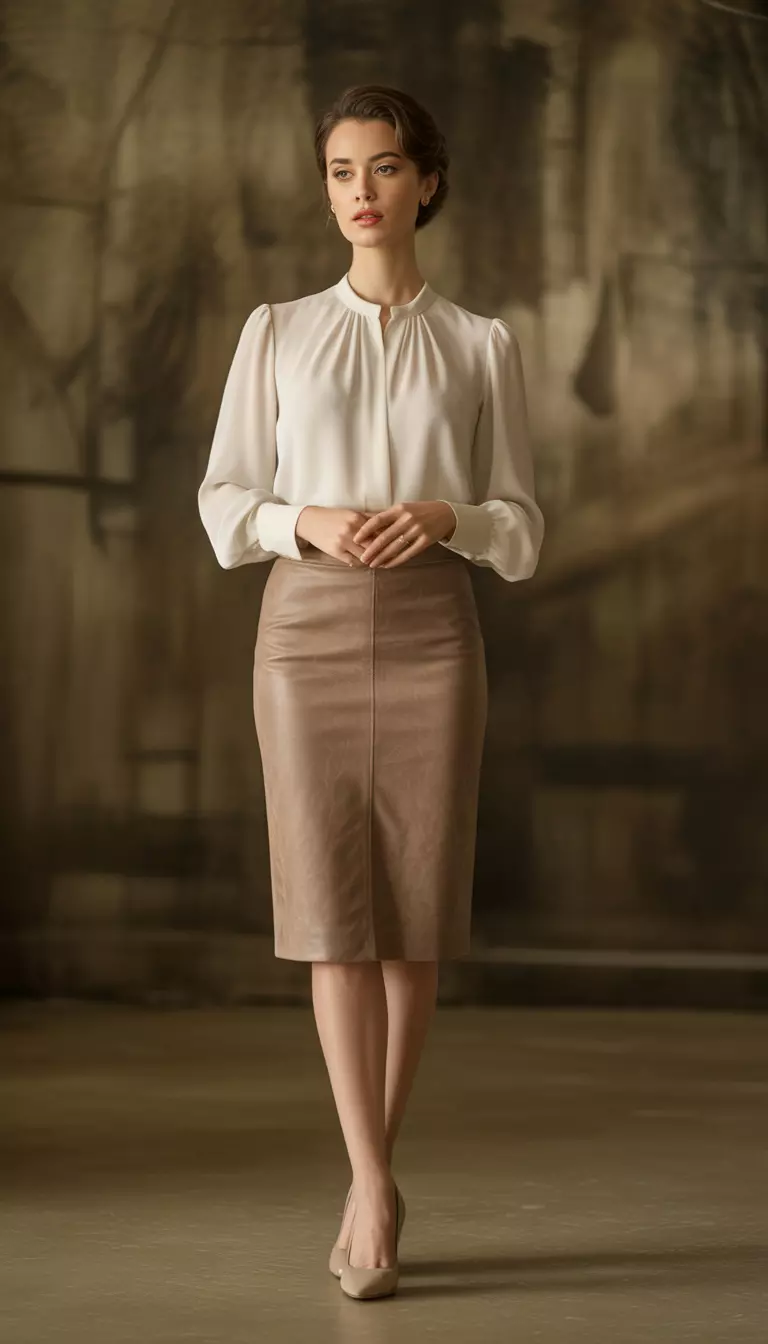 A beautiful woman in a taupe suede pencil skirt, a gathered white blouse, and nude pumps.