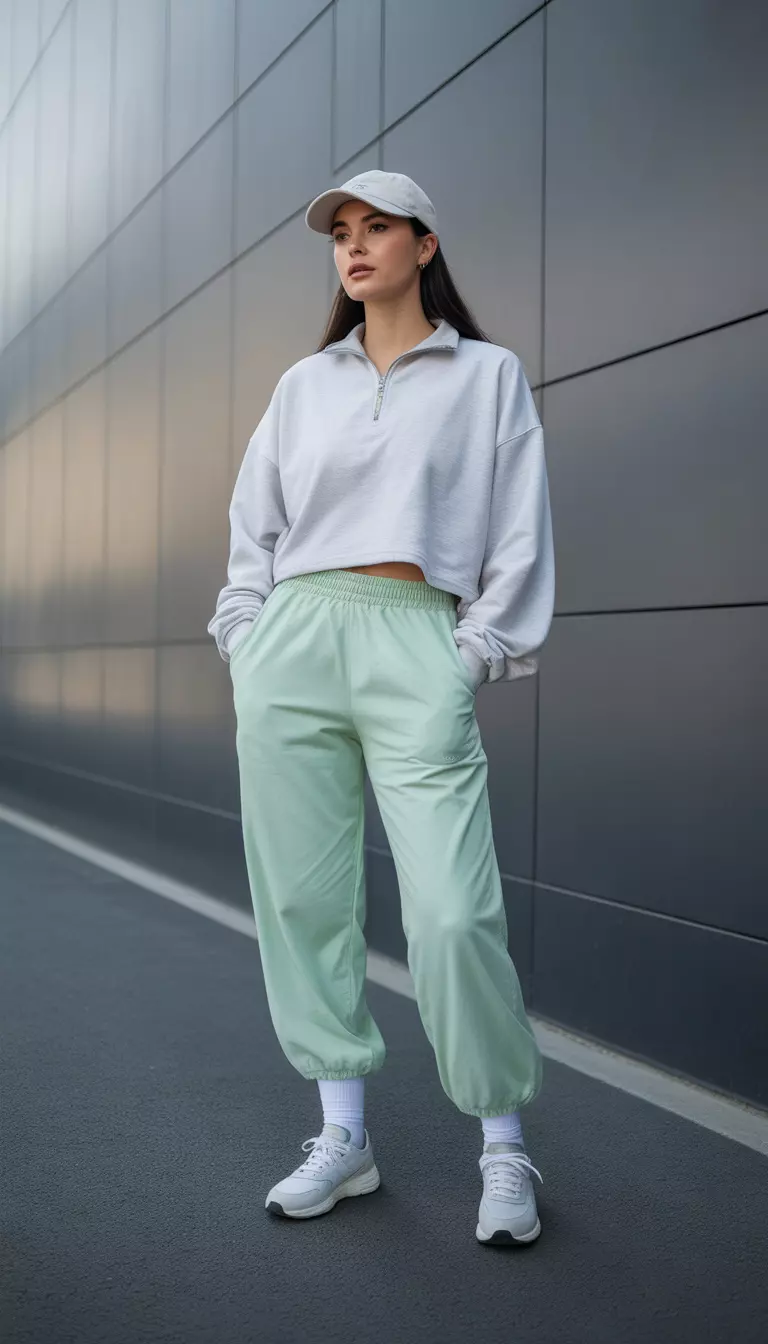 A beautiful woman in mint green elastic-waist track pants, a grey quarter-zip pullover, white socks, slim sneakers, and a baseball cap.