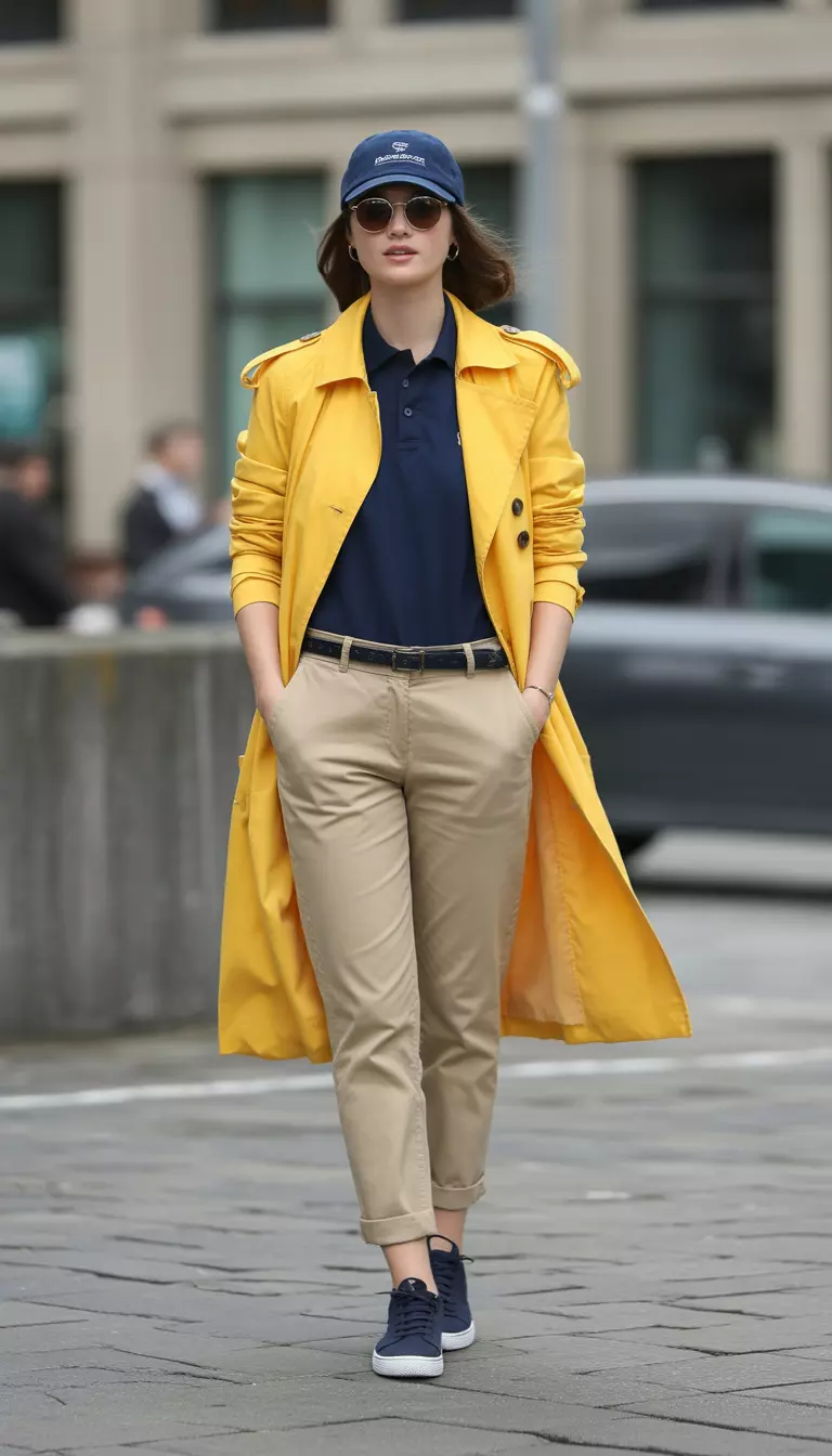 A beautiful woman in a sunshine yellow trench coat, navy polo shirt, khaki chinos, slim black sneakers, sunglasses, and a navy chino cap.