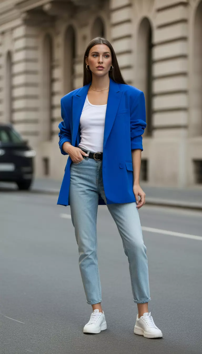 A beautiful woman in a cobalt blue oversized blazer, white tank top, slim light-wash denim jeans, white slim sneakers, and a chic leather belt.