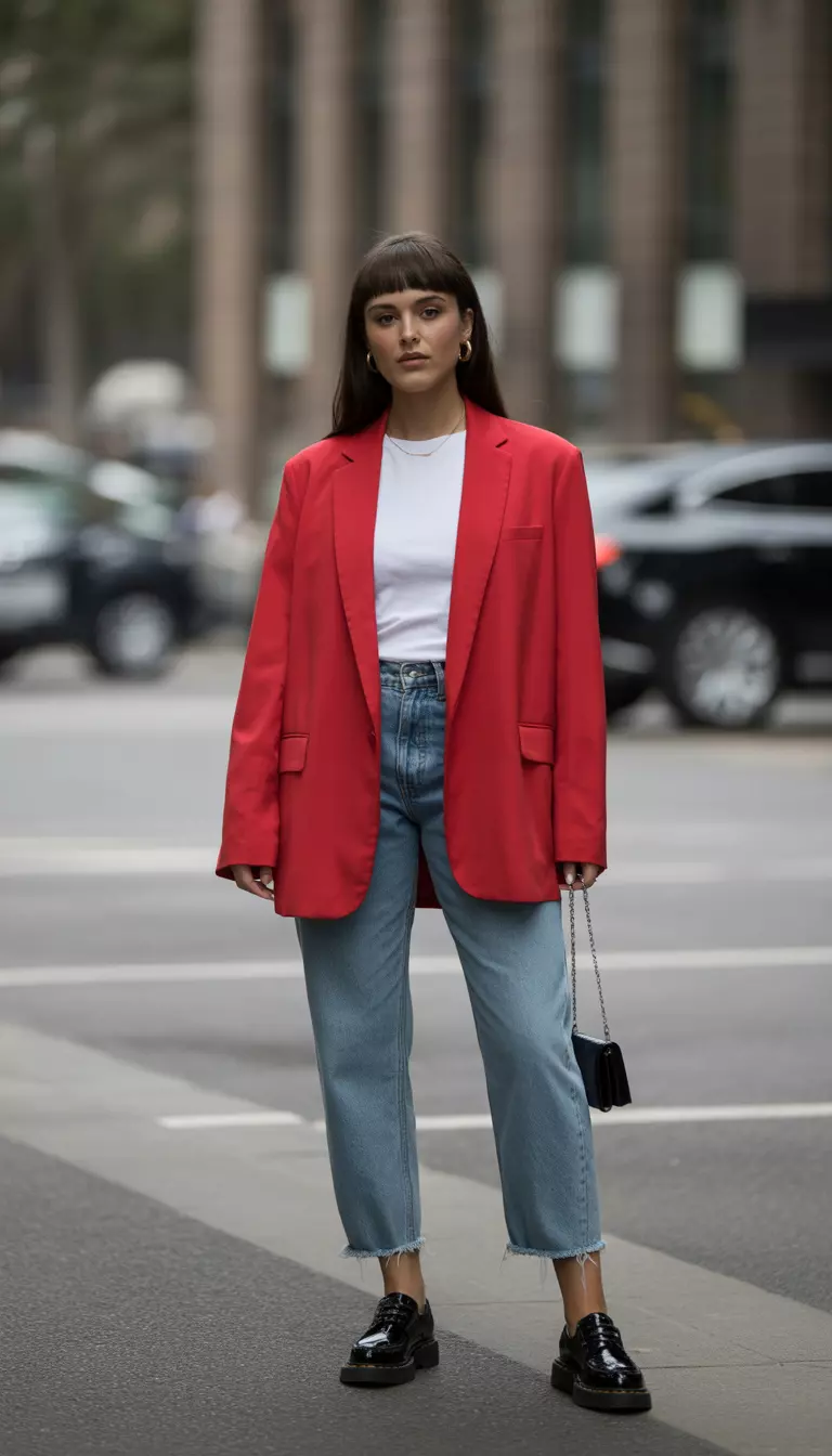 A beautiful woman in a fire engine red oversized blazer, crisp white cotton tee, high-rise relaxed frayed jeans, black brogues, and a wallet chain.