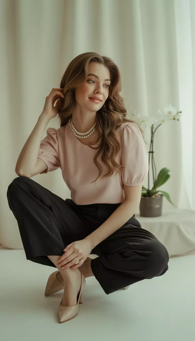 A beautiful woman in a powder pink puff-sleeve blouse, black balloon pants, nude glove pumps, and a pearl necklace.