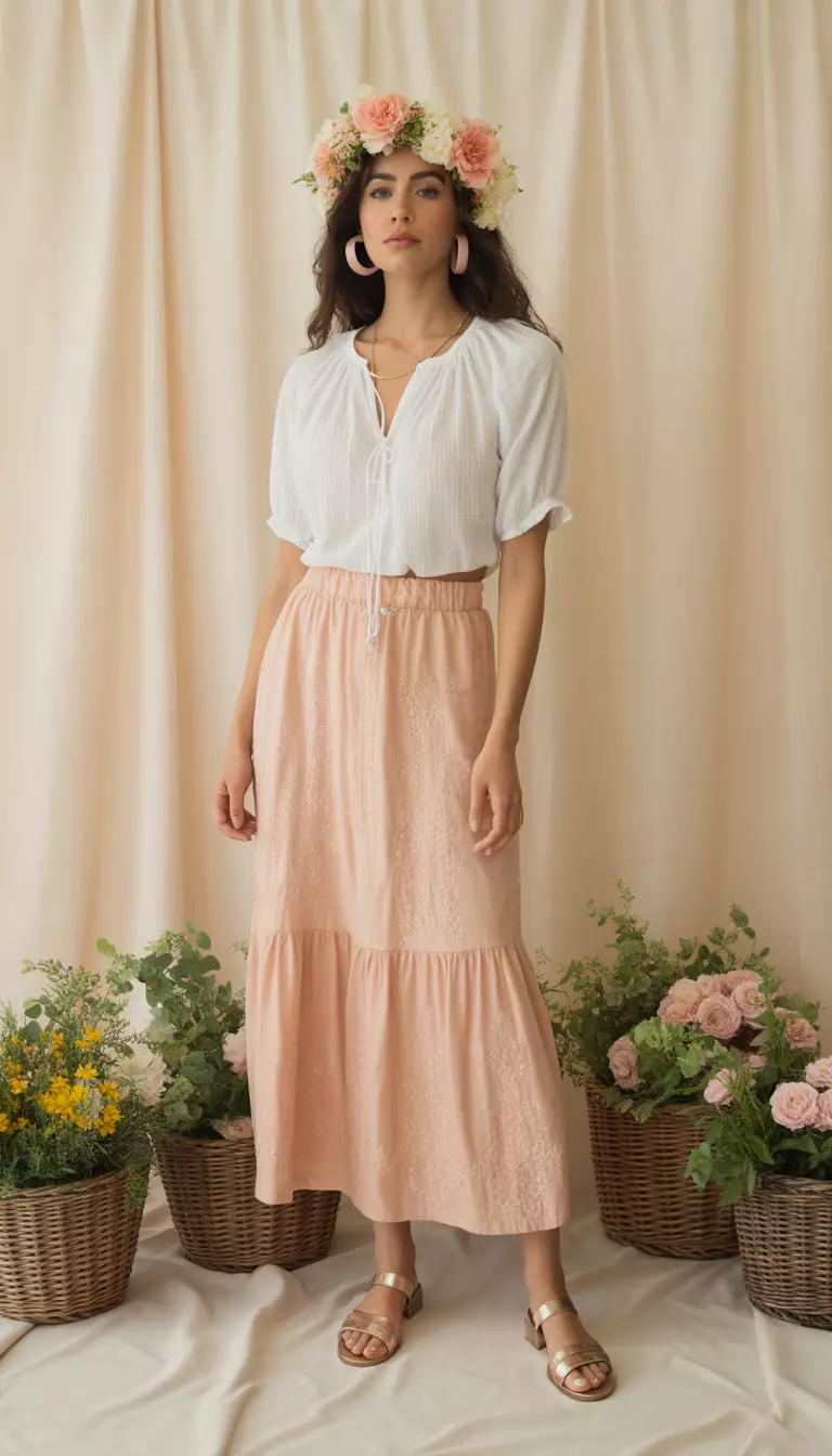 A beautiful woman in a medium spring bud peasant blouse, pale peach embroidered skirt, nude sandals, a flower crown in light coral and yellow, and soft rose hoop earrings.