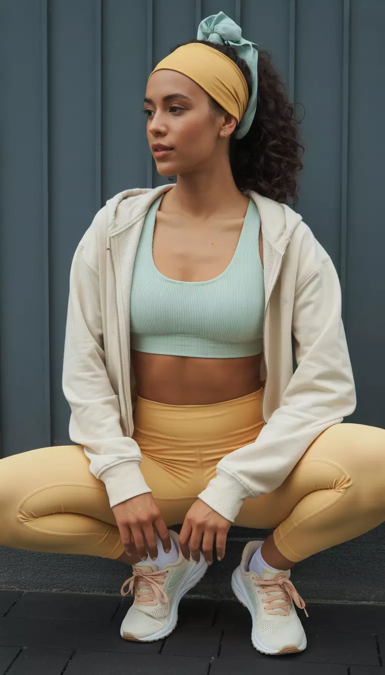 A beautiful woman in a light aqua sports bra, cream zip hoodie, warm beige leggings, white running shoes with peach laces, and a goldenrod headband, with a soft mint ponytail wrap.