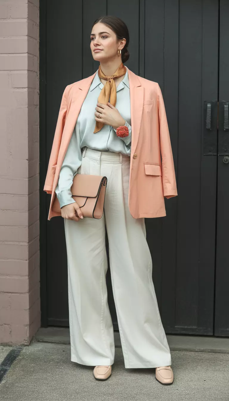 A beautiful woman in a light aqua blouse, wide leg trousers in navajo white, a peach blazer, nude loafers, a structured bag in warm beige, a coral brooch, and a goldenrod silk scarf.