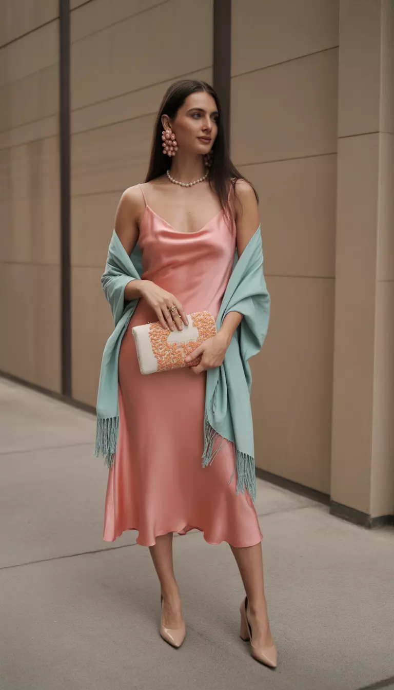 A beautiful woman in a soft coral slip dress, light turquoise shawl, nude heels, a clutch in navajo white with apricot beading, and warm pink pearl earrings.