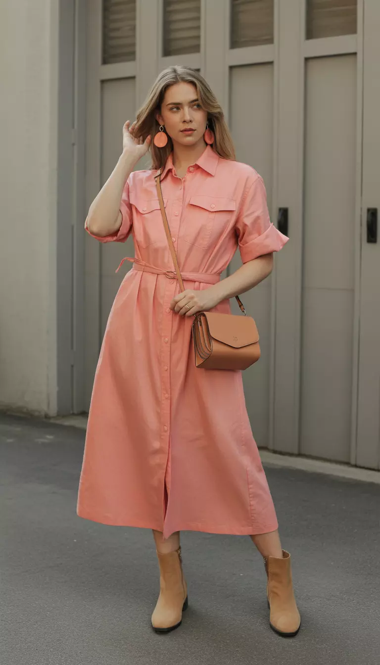 A beautiful woman in a soft coral linen shirt dress with a belt, light camel ankle boots, a medium spring bud crossbody pouch, and peach drop earrings.