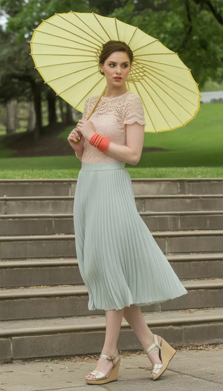 A beautiful woman in a pale peach lace top, light mint pleated skirt, golden beige wedges, a cream parasol with yellow trim, and coral cuff bracelets.