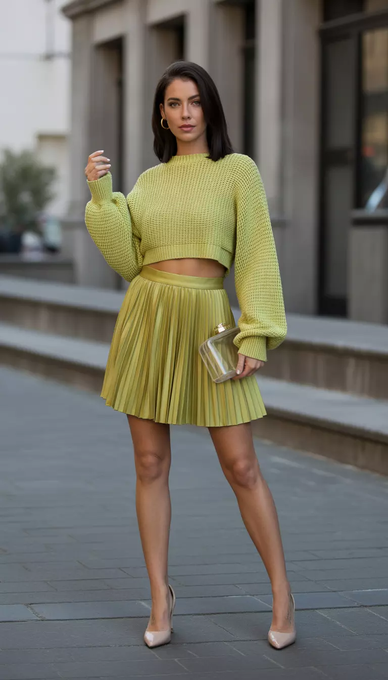 A beautiful woman in a chartreuse green cropped knit top, a matching pleated mini skirt, nude heels, and a clear acrylic clutch.