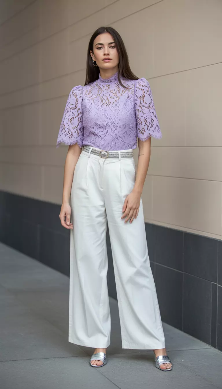 A beautiful woman in a lavender lace blouse with a high neckline, wide leg white trousers, silver mule sandals, and a thin belt.