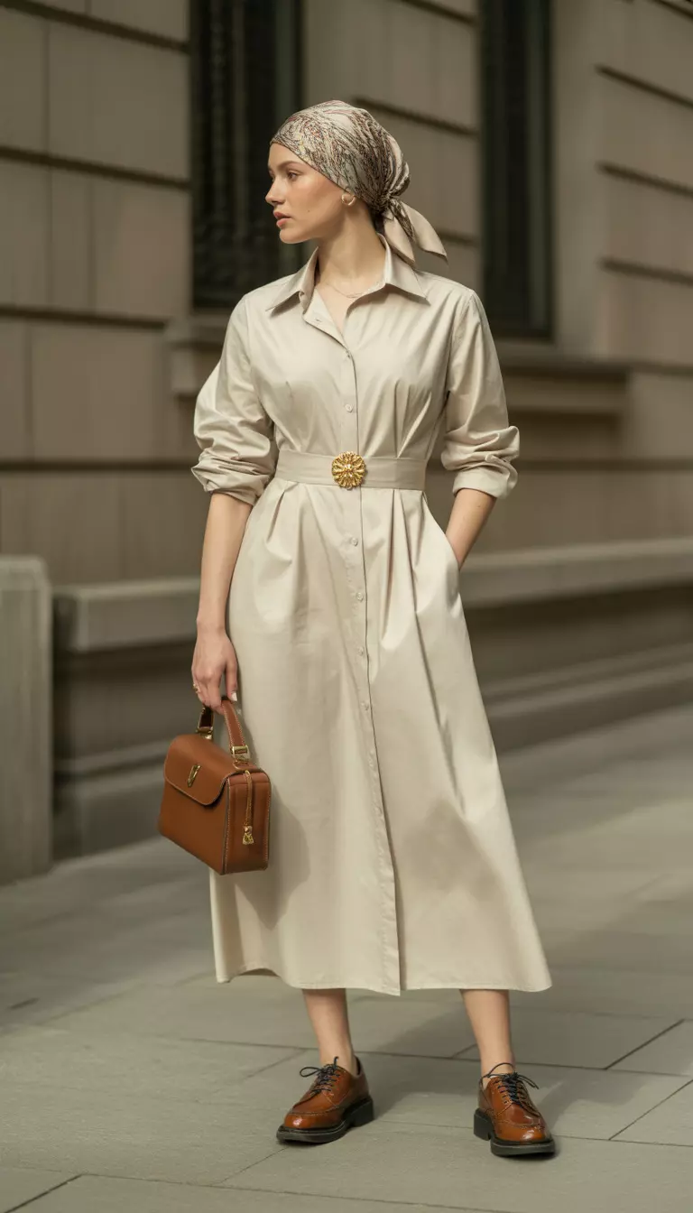 Grandma-Chic Scarf Wrap Ensemble A beautiful woman in a cream shirtdress, patterned silk scarf worn as a headwrap, brown leather derbies, and a gold brooch.