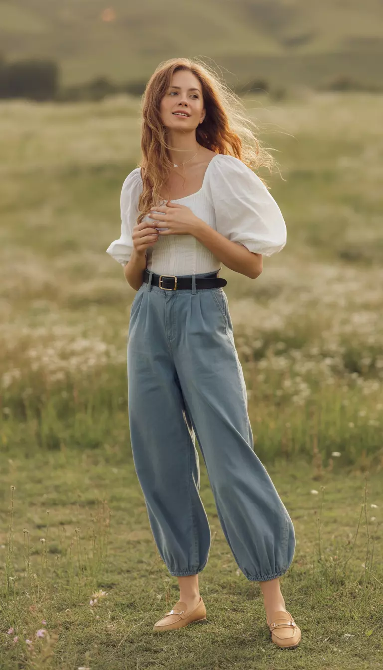 High-Volume Balloon Pant Pairing A beautiful woman in faded blue denim balloon pants, white puff-sleeve blouse, black leather belt, and tan loafers.