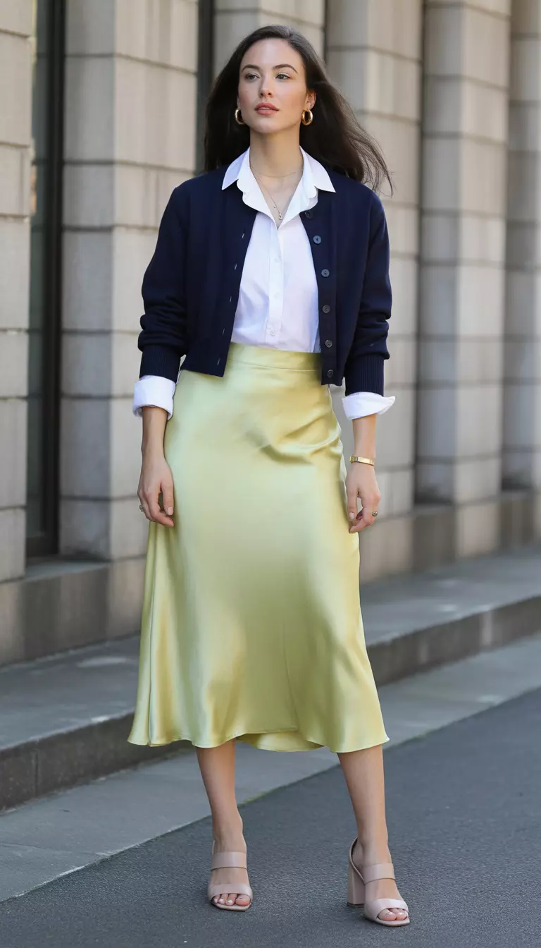 Butter Yellow Satin Midi Skirt Ensemble A beautiful woman in a butter yellow satin midi skirt, crisp white button-down blouse, navy cropped cardigan, nude block-heel sandals, and gold hoop earrings.