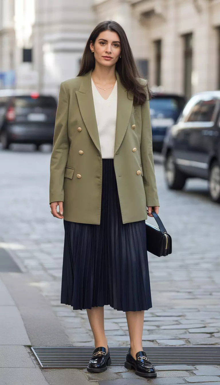 Metropolitan Prep Blazer Look A beautiful woman in a khaki double-breasted blazer with gold buttons, white V-neck sweater, navy pleated midi skirt, and black leather loafers.