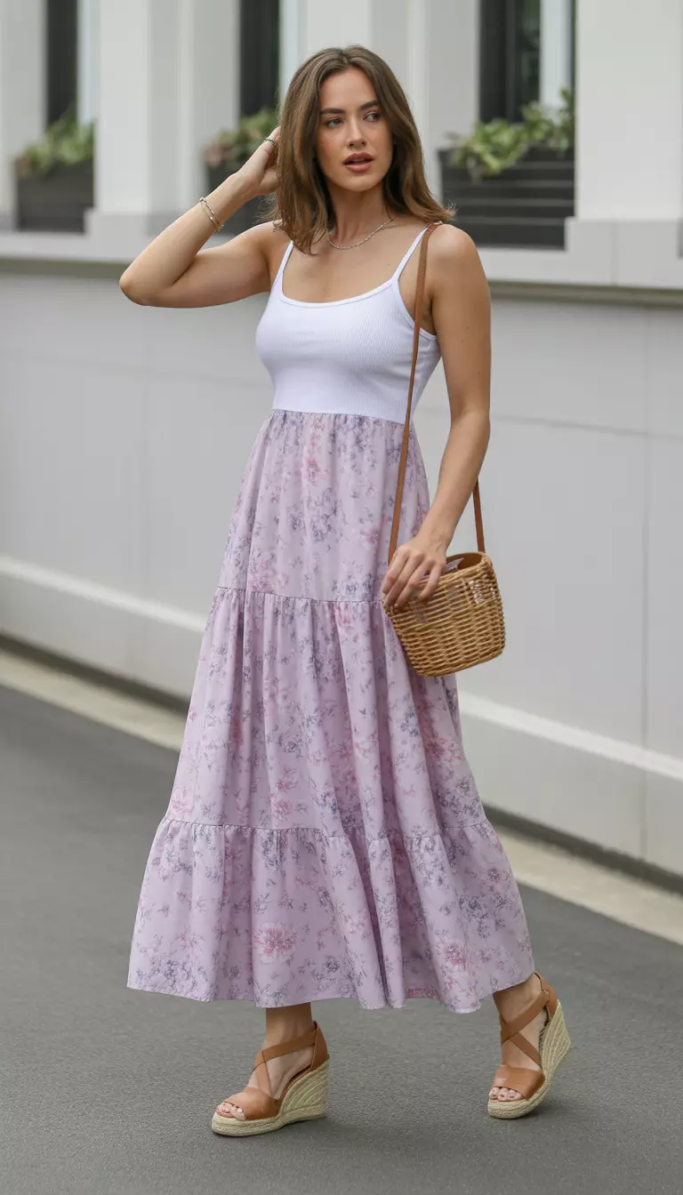 Pastel Floral Maxi Dress Delight A beautiful woman in a tiered pastel floral maxi dress with pink and lavender flowers, a white camisole, tan espadrille wedges, and a woven crossbody bag.