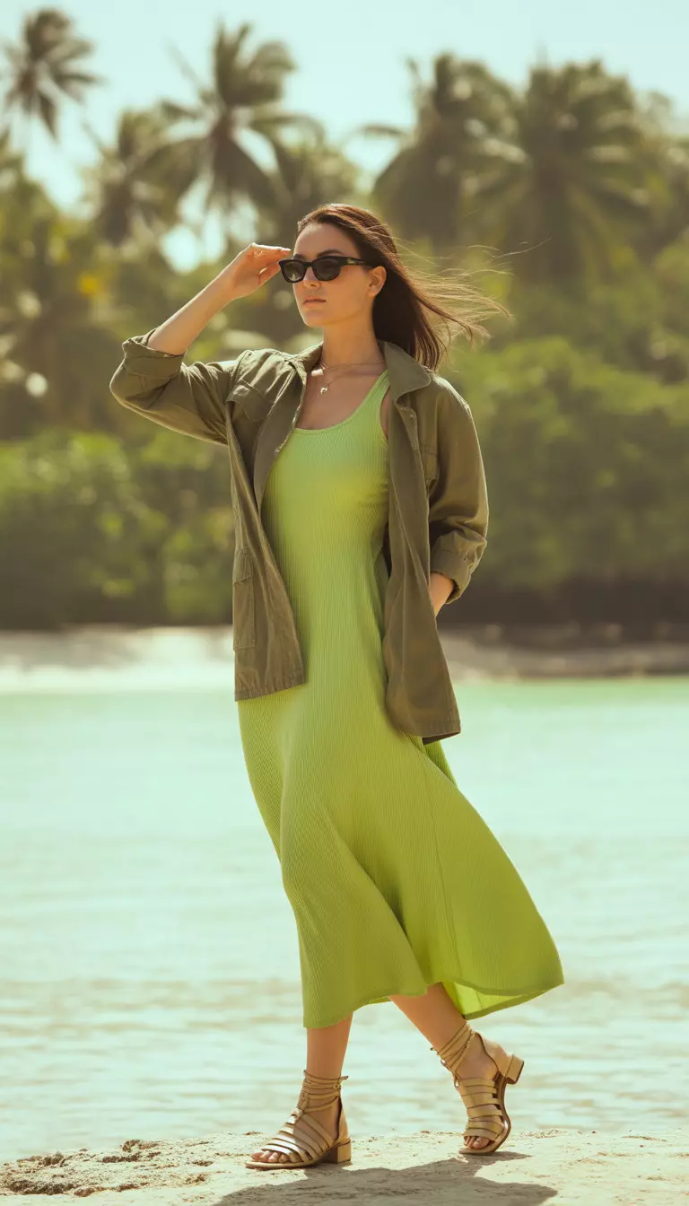 Lime Green Tank Dress Statement A beautiful woman in a lime green tank maxi dress, khaki utility jacket, tan strappy sandals, and black sunglasses.
