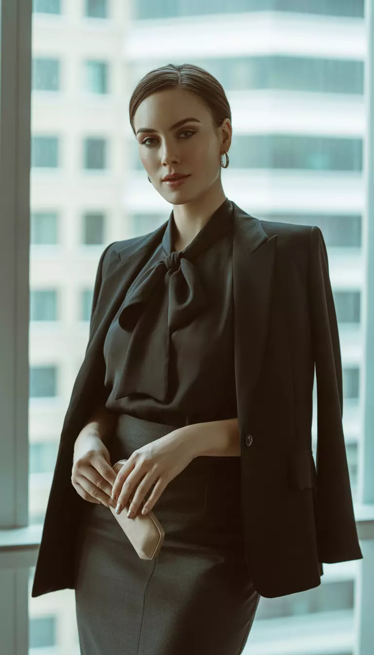 Eighties Power Pencil Skirt A beautiful woman in a black pussy-bow blouse, padded-shoulder blazer, charcoal pencil skirt, and nude kitten heels.