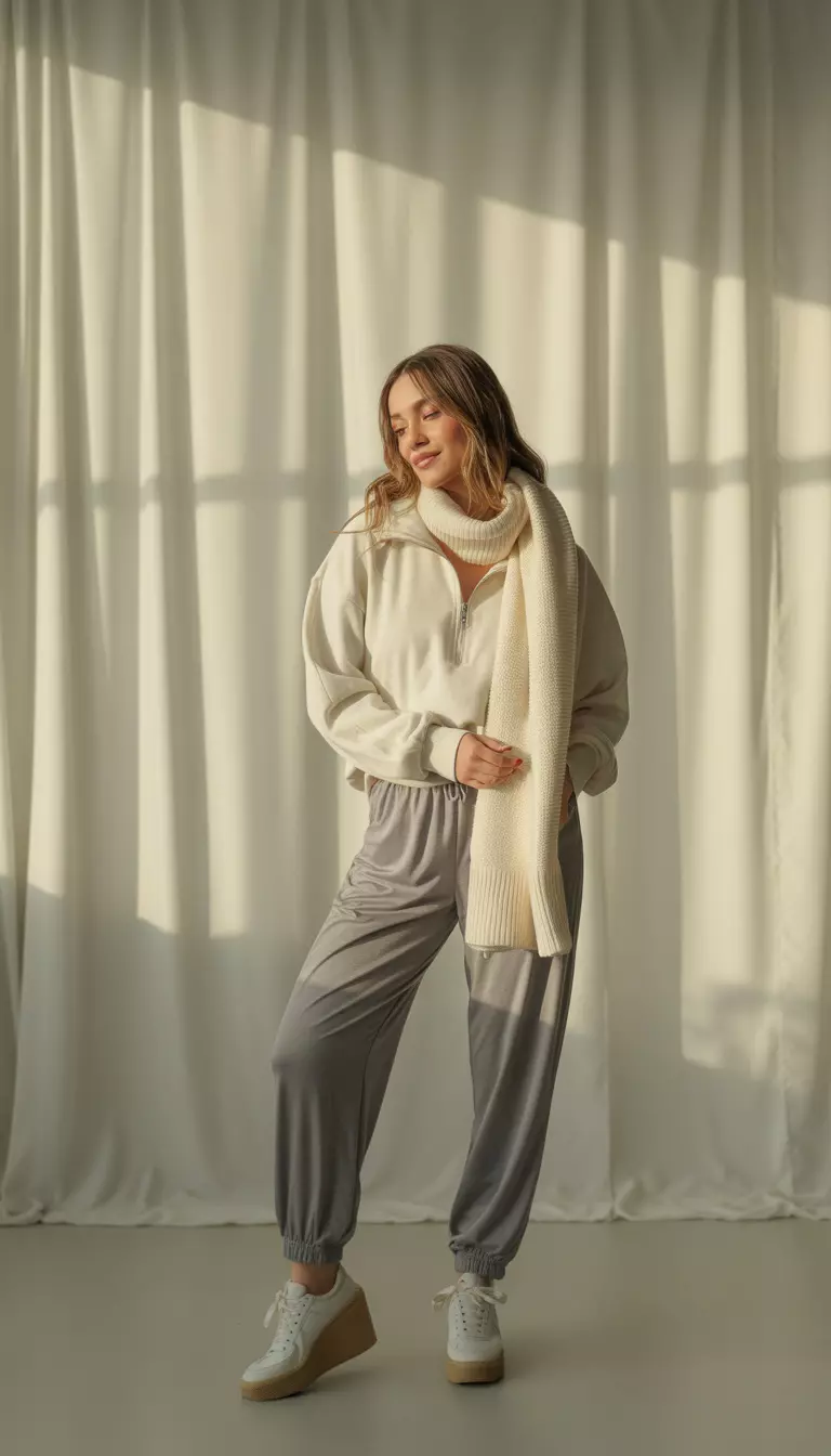 Minimalist Athleisure Tracksuit A beautiful woman in gray track pants, cream half-zip pullover, white wedge sneakers, and a cream knit scarf.