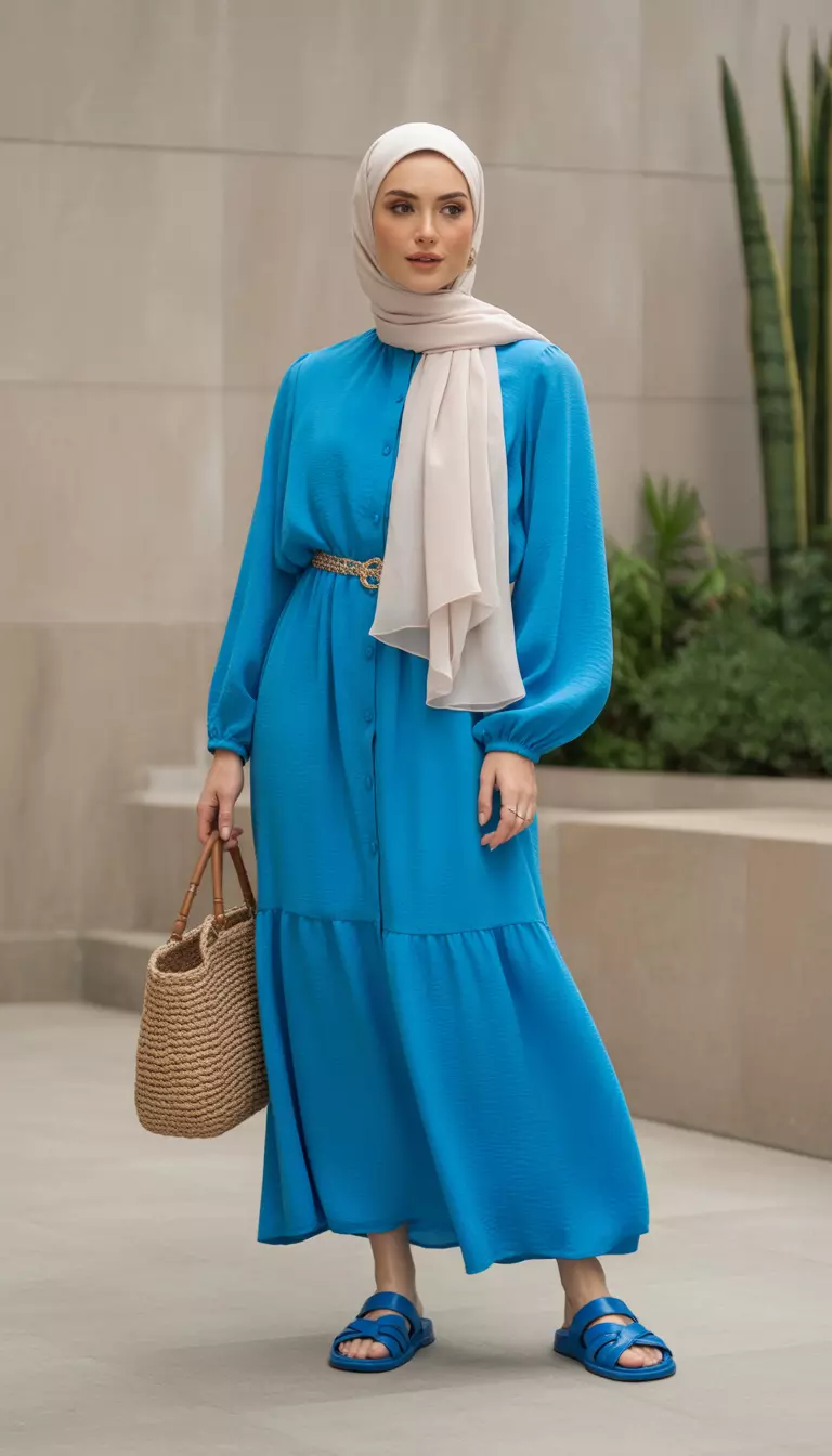 A beautiful woman in an azure blue chiffon maxi dress, a cream scarf hijab, blue sandals, and she carries a woven bag.