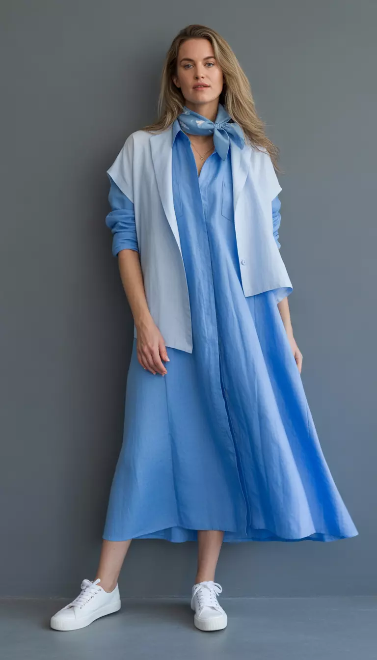 A beautiful woman in a sky blue linen shirt dress, a matching sky blue shrug, white canvas sneakers, and a cornflower blue scarf.