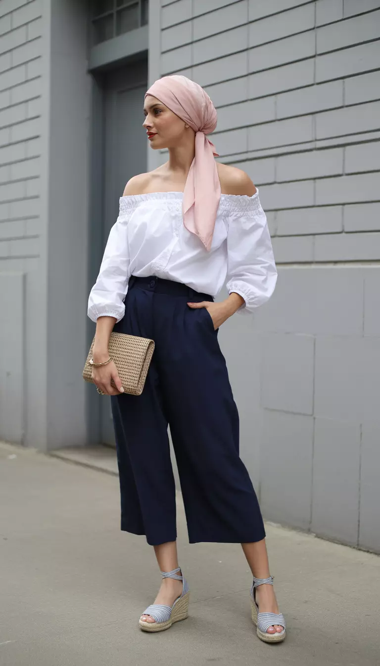 A beautiful woman in a pastel pink silk headscarf tied as a turban, a white off shoulder blouse, navy culottes, and espadrille wedges.
