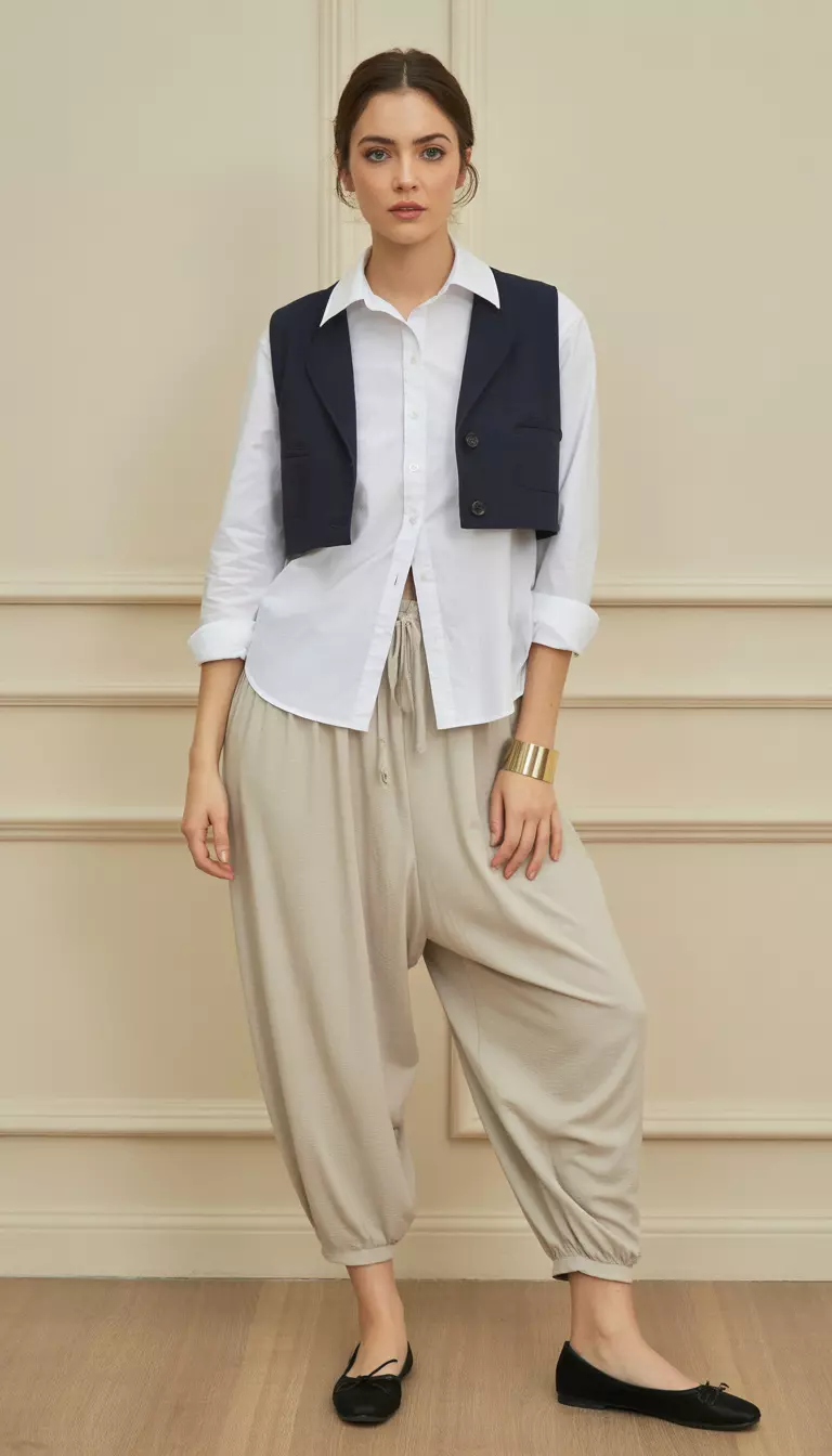 A beautiful woman in cream harem pants, a white button down shirt, a navy cropped shrug, black ballet flats, and a minimal gold cuff bracelet.