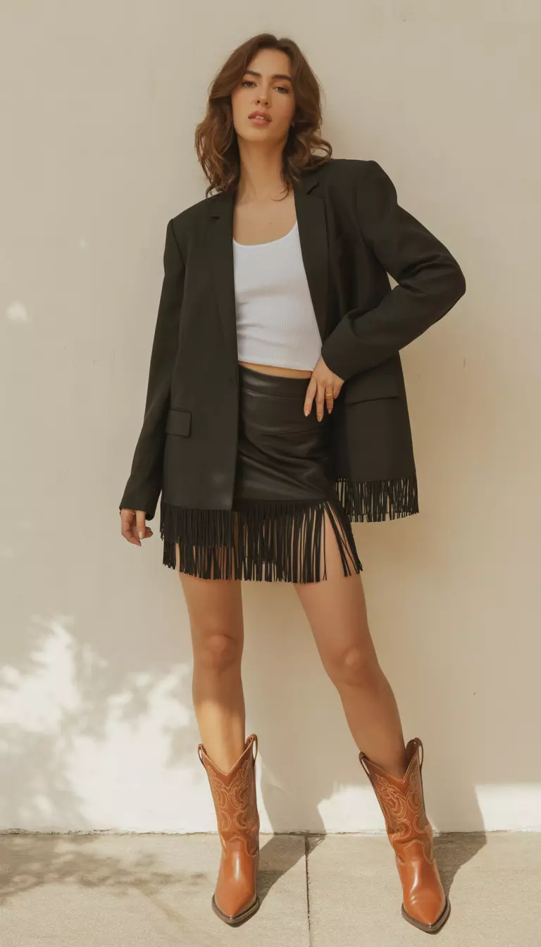 A beautiful woman in a black tailored blazer with fringe trim, a white tank top, a black fringe mini skirt, and cognac cowboy boots.