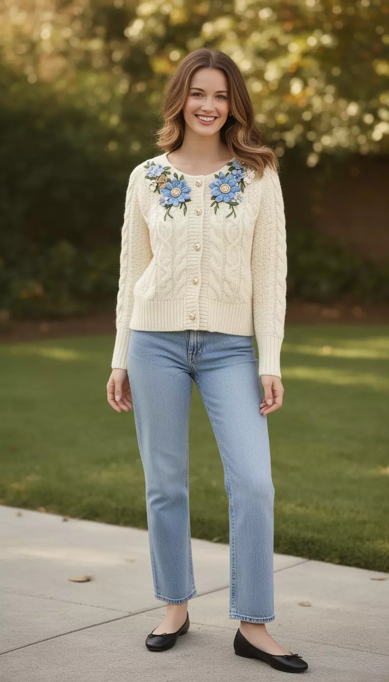 A beautiful woman in a cream cable knit cardigan with floral brooches, light wash straight leg jeans, and black ballet flats.