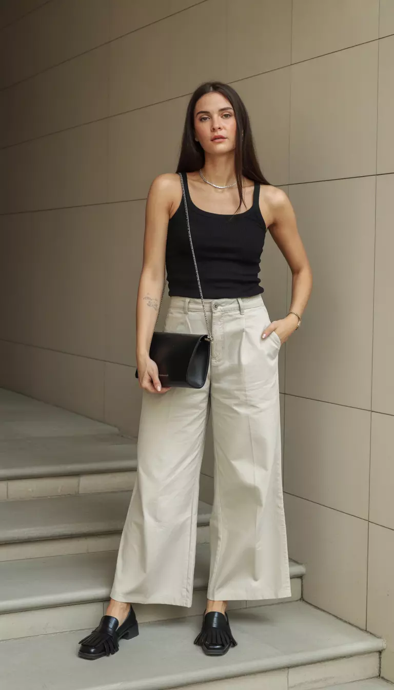 A beautiful woman in wide leg cream pants, a black tank top, a small black leather necklace bag, and fringe loafers.