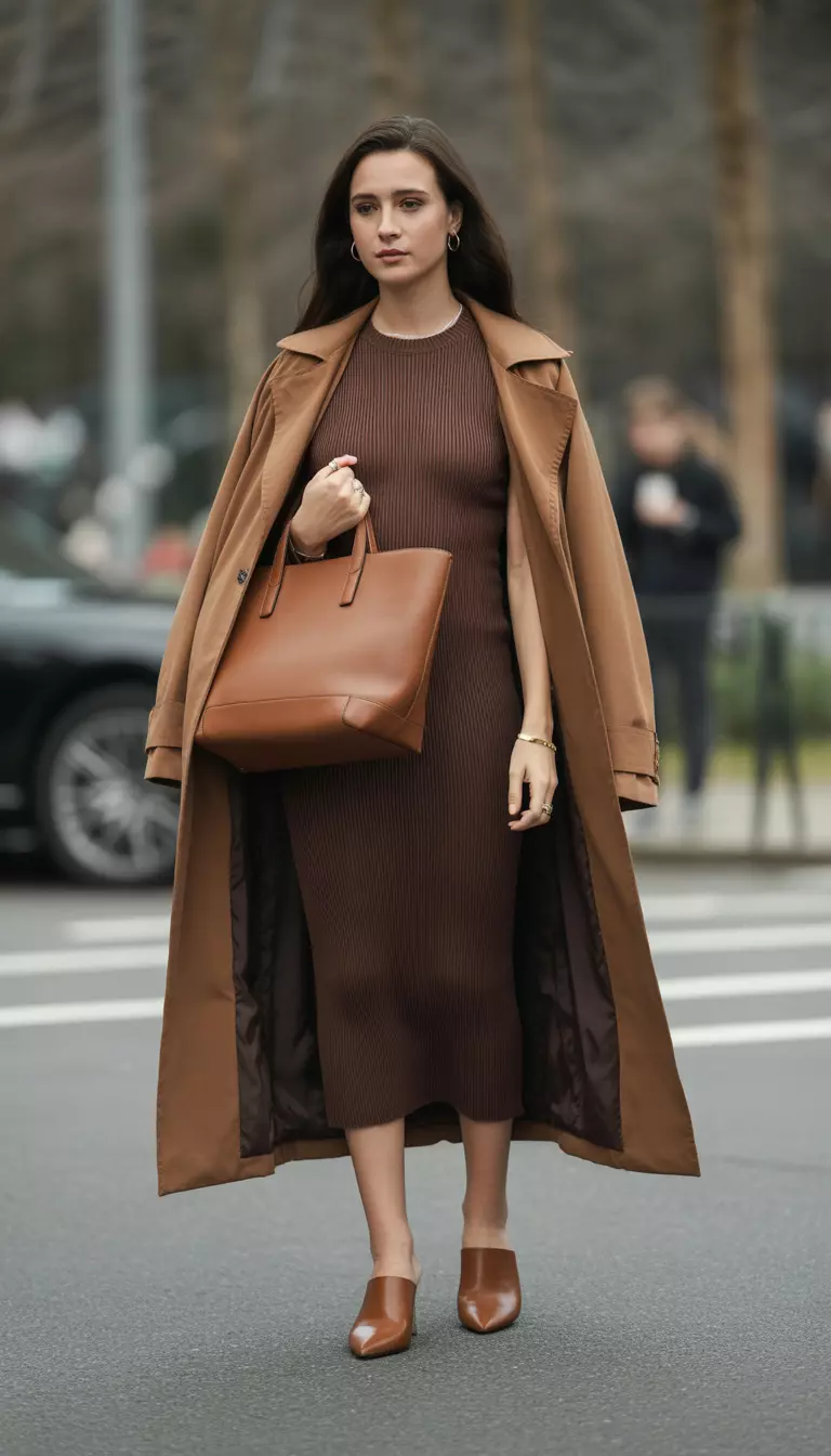 A beautiful woman in a chocolate brown knit midi dress, a matching brown trench coat, brown leather mules, and a tan leather tote bag.