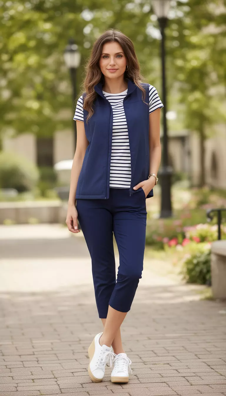 A beautiful woman in white wedge sneakers, navy capri pants, a striped tee, and a matching navy lightweight vest.