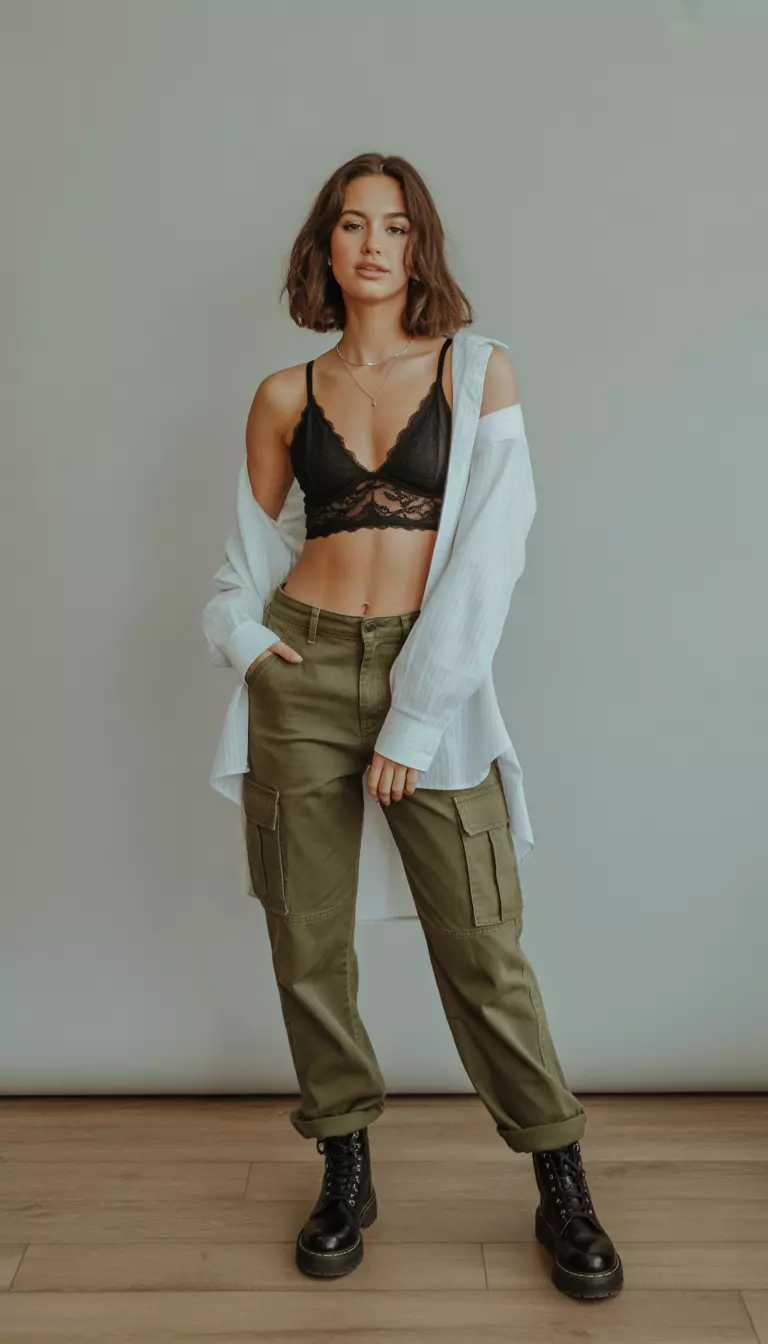 A beautiful woman in a black lace bralette, a sheer white button up shirt, olive cargo pants, and black combat boots.