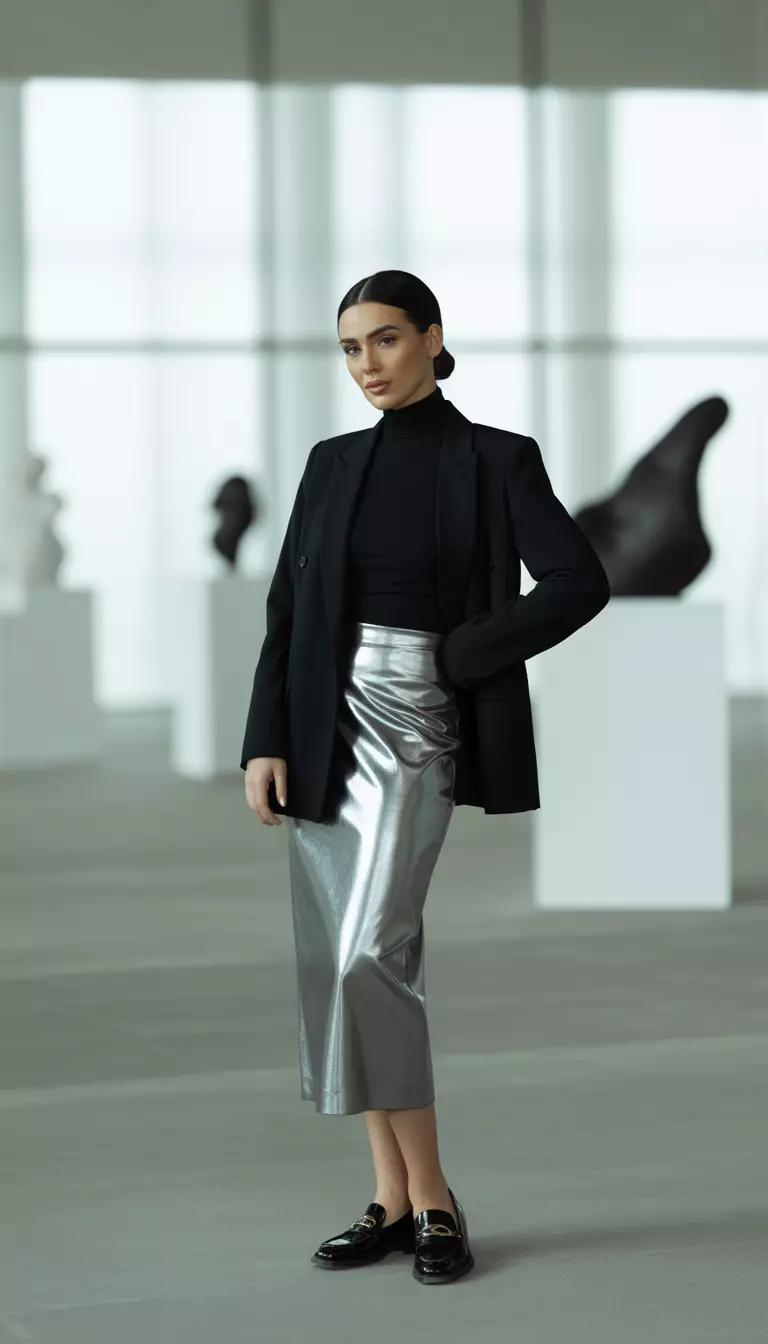 A beautiful woman in a metallic silver statement skirt, a black turtleneck, a black blazer, and black leather loafers.