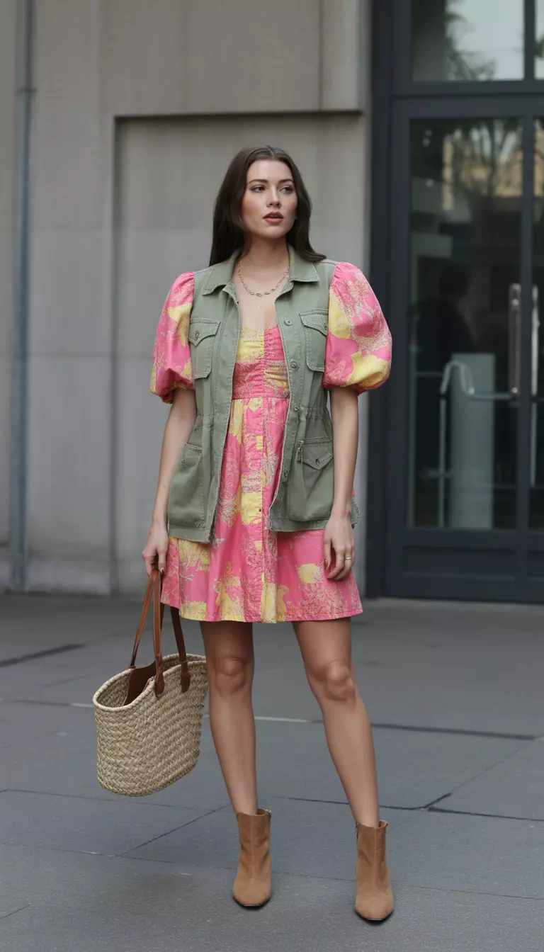 A beautiful woman in a vibrant pink and yellow floral print mini dress with puff sleeves, a light khaki utility jacket, tan ankle boots, and a woven straw tote bag.