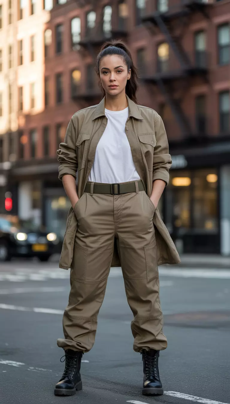 A beautiful woman in a khaki boilersuit, a white tee, black combat boots, and a matching khaki utility belt.