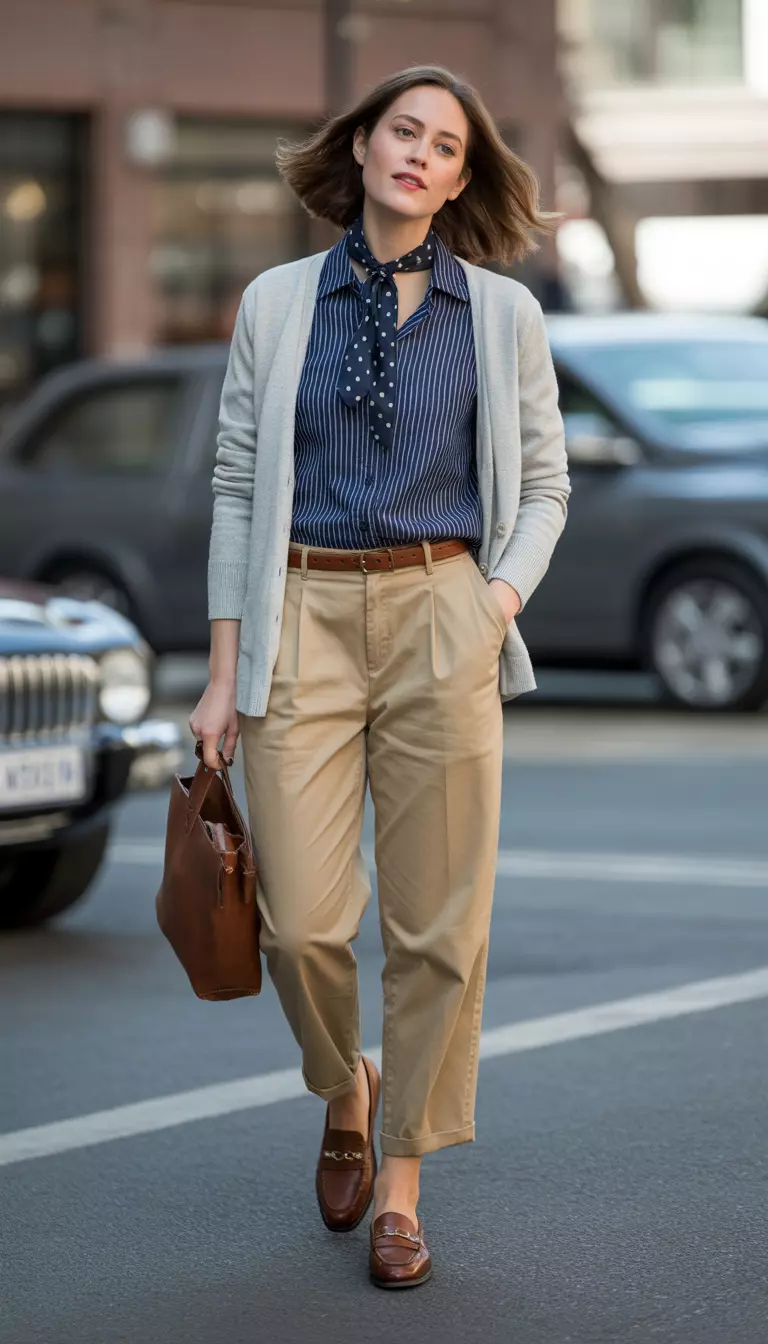 A beautiful woman in a navy striped button down shirt, a light gray cardigan, pleated khaki chinos, brown leather loafers, and a polka dot silk scarf.
