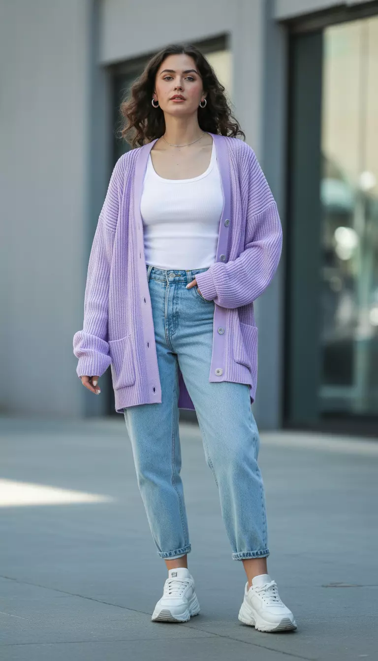 Lavender Cardigan Layered Basics A beautiful woman in a lavender button-up cardigan, white tank top, mid-wash mom jeans, chunky white sneakers, and silver hoops.
