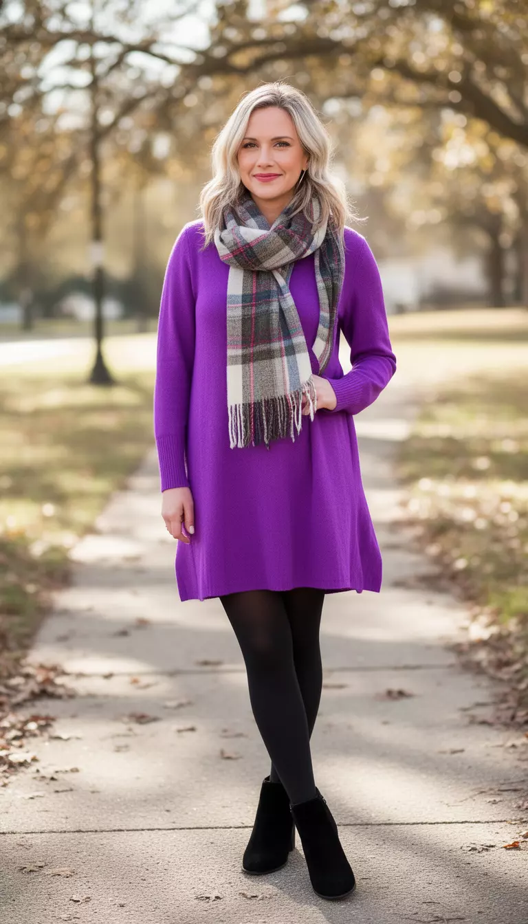 Vibrant Violet Sweater Dress A beautiful woman in a vibrant violet lightweight sweater dress, black tights, black ankle boots, and a plaid scarf.