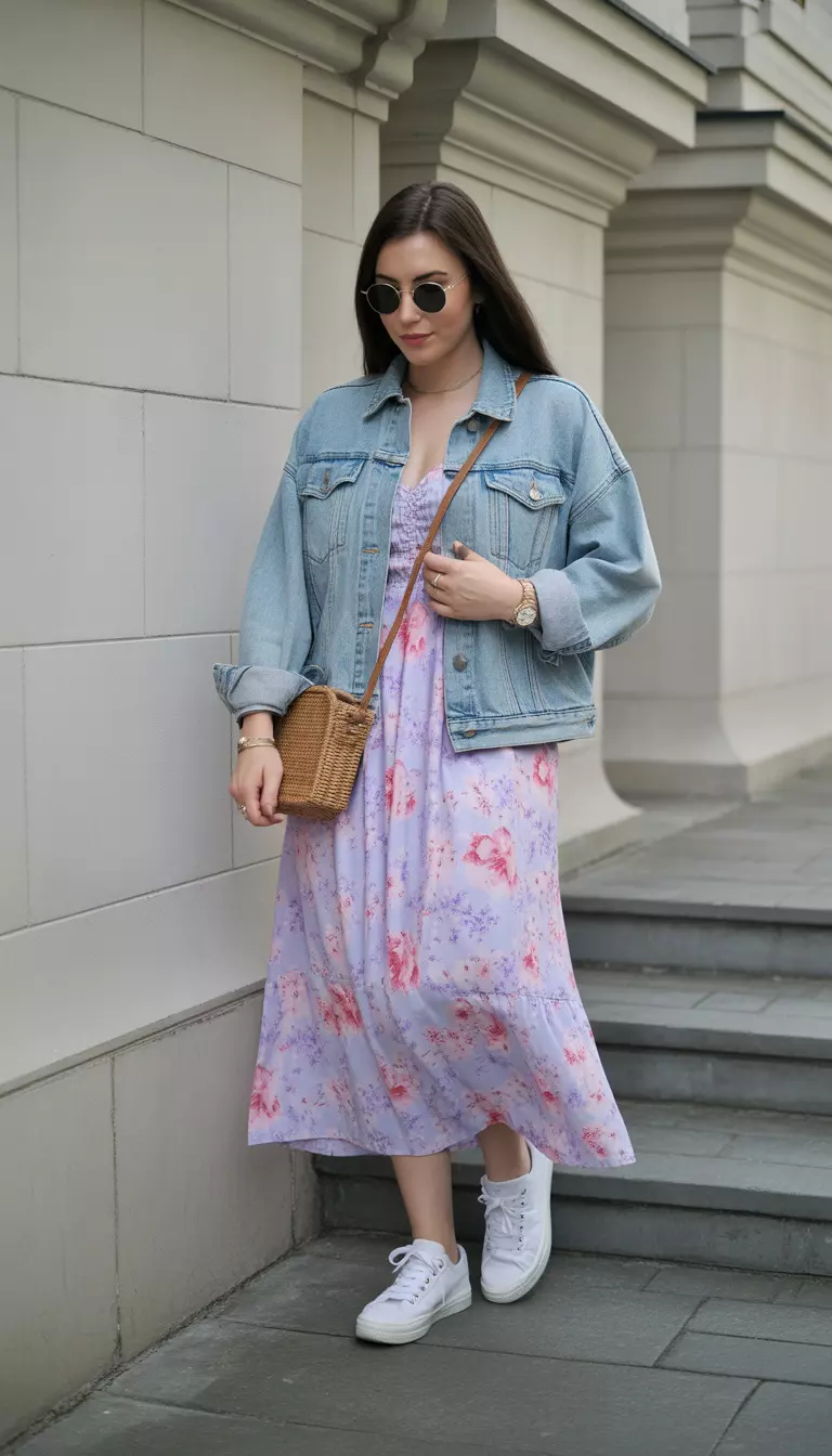 Floral Midi Dress with Denim Layer A beautiful woman in a pastel floral midi dress with pink and lavender flowers, light wash denim jacket, white canvas sneakers, and a woven crossbody bag.